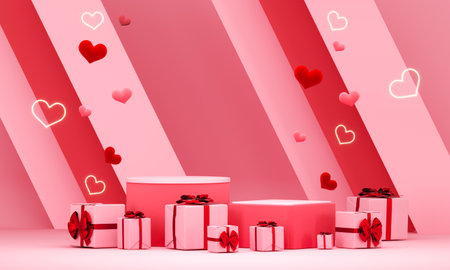 Valentines day abstract background with red hearts and podium showcase for product presentation. February 14, love. Romantic wedding greeting card. Womens, Mothers day. 3d rendering.の写真素材