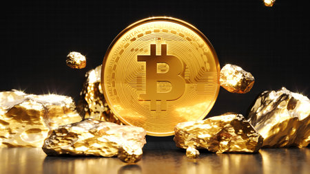 Bitcoin golden coin with gold. Digital currency. Cryptocurrency concept. Money and finance symbol....