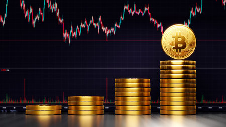 Bitcoin golden coin with gold. Digital currency. Cryptocurrency concept. Money and finance symbol....