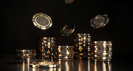 Casino chips on black background. Casino game golden 3D chips. Online casino background banner or casino logo. Black and gold chips. Gambling concept, poker mobile app icon. 3D rendering.の写真素材