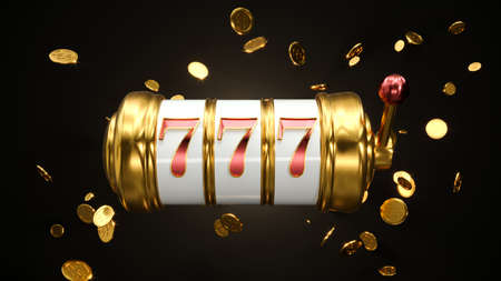 Casino background. Slot machine. Online casino concept. Falling poker chips. 3d renderingの写真素材