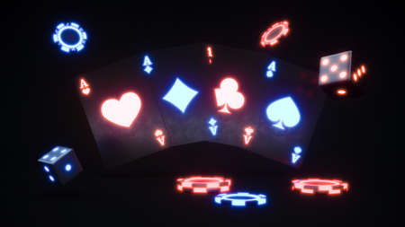 Casino chips and cards. Neon chips falling 3d renderingの写真素材
