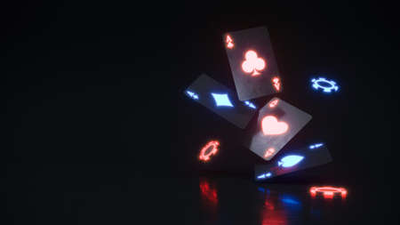 Casino background with chips and neon cards falling 3d renderingの写真素材