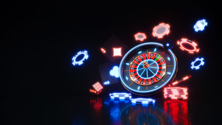Casino background with neon roulette and chips falling 3d rendering