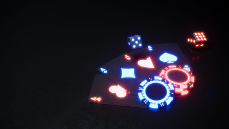 Casino background with neon chips and cards falling 3d rendering