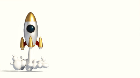 Concept of business development, startup, success. Rocket start 3D illustration business startup...