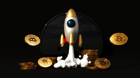 Bitcoin traiding on the phone. Rocket start 3D illustration business startup successful leadership ideas concept. Mobile phone application to trade Bitcoin BTCの写真素材