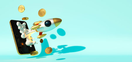 Bitcoin traiding on the phone. Rocket start 3D illustration business startup successful leadership ideas concept. Mobile phone application to trade Bitcoin BTCの写真素材