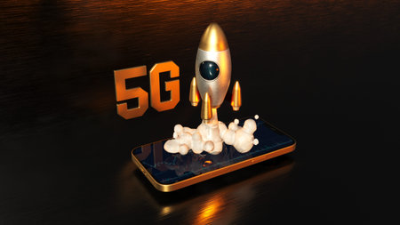 Mobile phone, smartphone with 5G wireless high speed internet. Creative big gold letters 5 G on...