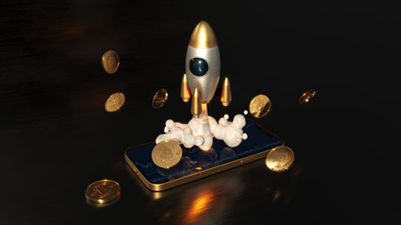 Bitcoin traiding on the phone. Rocket start 3D illustration business startup successful leadership...