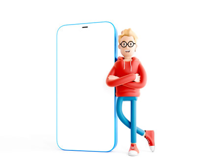 Cartoon character standing next to a large phone with blak screen. 3d illustration