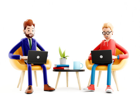 Cartoon characters with a laptops. Concept of distance work, study and communication. Coworking space with coder, designer or office workers, 3d illustrationの写真素材