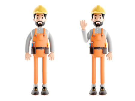 builder cartoon character, funny worker or engineer 3d illustration