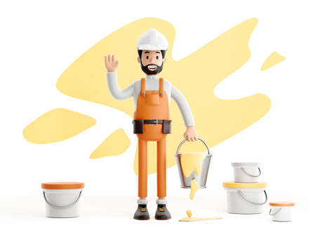 builder painter plasterer cartoon character, funny worker or engineer with buckets of paintの写真素材