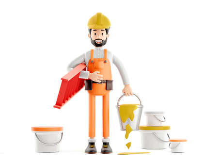 builder painter plasterer cartoon character, funny worker or engineer with buckets of paintの写真素材