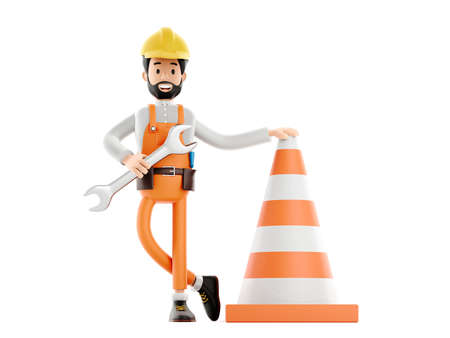 Builder plumber cartoon character, funny worker or engineer with wrench, maintenance conceptの写真素材