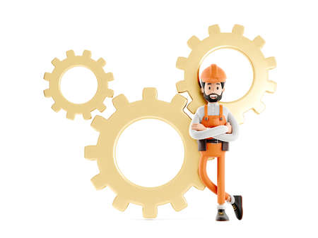 Builder mechanic cartoon character, funny worker or engineer with gears on the back isolated iconの写真素材