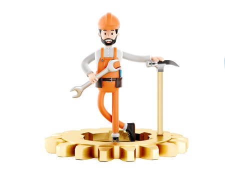 Builder mechanic cartoon character, funny worker or engineer with gear and hammerの写真素材