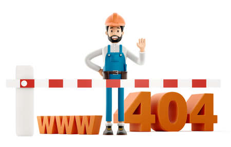 Website maintenance concept. Builder cartoon character, funny worker or engineer with 404 signの写真素材