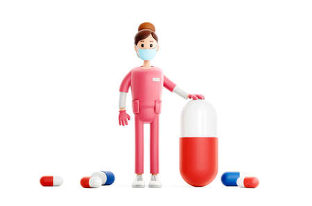 Nurse cartoon character. Smiling doctor with big pill vaccine from coronavirus covid medical 3d illustration.の写真素材