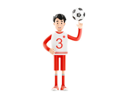 Cartoon character football or soccer player with a ball isolated on white background