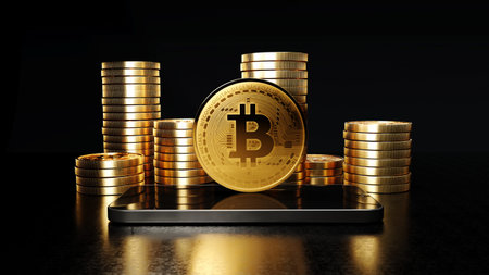 Blockchain cyptocurrency bitcoin btc with smartphone, Mobile phone next to stacks of bitcoins, 3d...