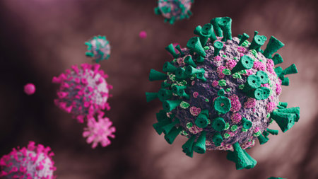 Coronavirus cells or bacteria molecule. Virus Covid-19. Virus isolated on white. Close-up of flu, view of virus under a microscope, infectious disease. Bacteria, cell infected organism. 3d Rendering.の写真素材