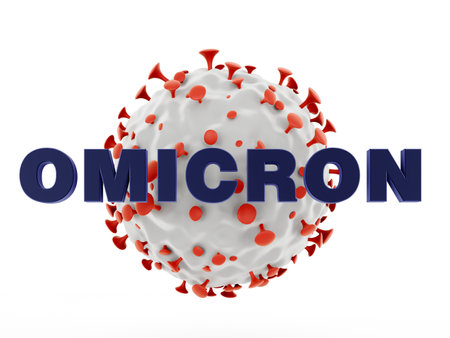 Coronavirus new stamp omicron sign isolated on white. Close-up of coronavirus cells or bacteria molecule. Infectious flue. Bacteria, cell infected organism. Virus Covid-19. 3d Renderingの写真素材