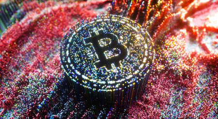 Bitcoin Logo Digital Art. Cryptocurrency Symbol Futuristic 3D Illustration. Crypto Backgroundの写真素材
