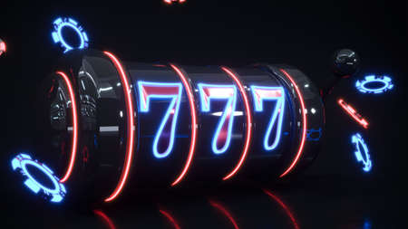 Neon casino background with casino slot machine with 777, playing cards and chips falling, online casino banner, modern black casino gambling background 3d renderingの写真素材