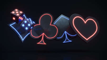Neon casino background playing cards and dice falling, online casino banner, modern black casino gambling background 3d renderingの写真素材