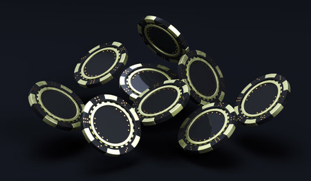 Black and gold color chips side view. Online gambling tokens for slots, poker, roulette casino...