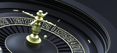 Luxury casino roulette wheel. Online casino theme. Close-up black casino roulette with ball on zero....