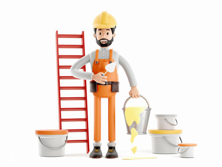 Funny 3d character worker or engineer with buckets of paint. Builder painter plasterer cartoon...