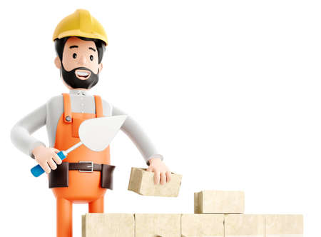 Builder painter plasterer cartoon character, funny worker or engineer building a brick wall, 3d Renderingの写真素材