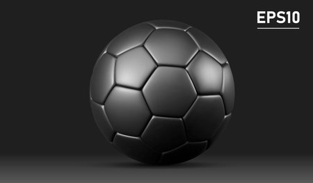 Black soccer ball. Leather 3d football ball on black background. Football 3d ball.の写真素材