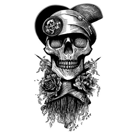 Pirate skull in pirate hat, sketch vector illustration, Vintage skull for t-shirt or poster design. Stylish jolly roger icon illustration.のイラスト素材
