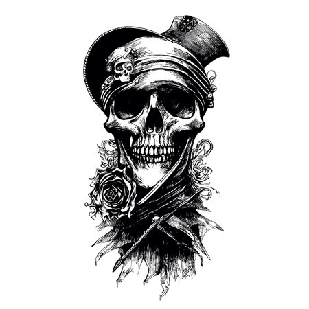 Pirate skull in pirate hat, sketch vector illustration, Vintage skull for t-shirt or poster design. Stylish jolly roger icon illustration.のイラスト素材