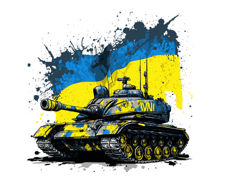 Ukrainian tank with a flag. Protecting Ukraine from Russian invasion. Protecting Ukraine from Russian invasion.のイラスト素材