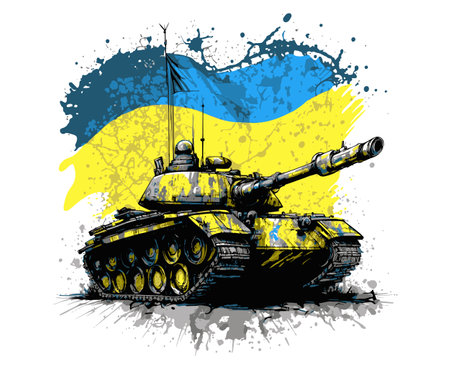 Ukrainian tank with a flag. Protecting Ukraine from Russian invasion. Protecting Ukraine from Russian invasion.のイラスト素材