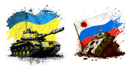 Ukrainian tank with a flag attacked and destroyed Russian tank. Protecting Ukraine from Russian invasion. Russia is losing in the war with Ukraineのイラスト素材