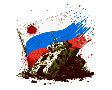 Illustration of a Destroyed Russian tank with flag. Russia is losing the war with Ukraine.の写真素材