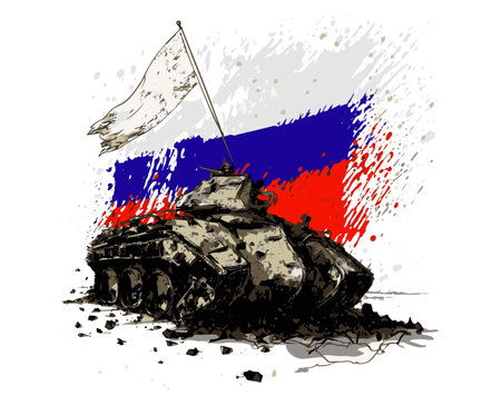 Illustration of a Destroyed Russian tank with flag. Russia is losing the war with Ukraine.の写真素材