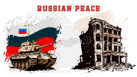 Russian tank with a flag Attack Civilians and Residential Buildings. War in Ukraine by Russian invasion. Attacking Ukraine.の写真素材