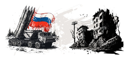 Russian tank with a flag Attack Civilians and Residential Buildings. War in Ukraine by Russian invasion. MLRS - multiple launch rocket system attacking Ukraine.の写真素材