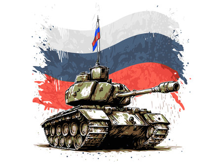 War in Ukraine by Russian invasion. Russian tank with a flag. Attacking Ukraine.の写真素材