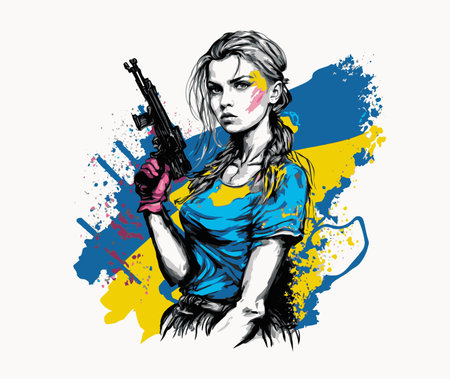 Ukrainian girl soldier defender. Stop the war in Ukraine concept, defense of Ukraine.  illustration.の写真素材