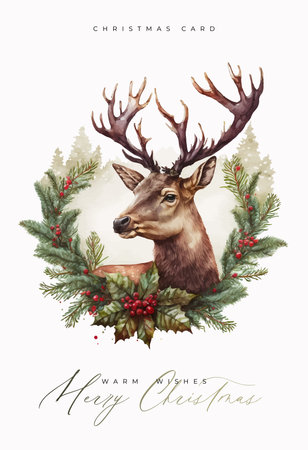Merry Christmas Deer, watercolor elegant Christmas cardのイラスト素材