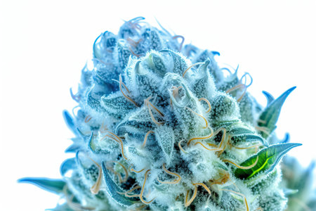 Therapeutic cannabis blue bud on white background, medicinal properties of marijuana bud, the advantages of using cannabis for its health benefitsの写真素材