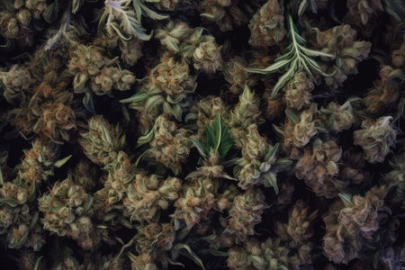 A background of marijuana, a huge mound of trimmed retail weed, advantages of cannabis, the healing properties of medical marijuanaの写真素材